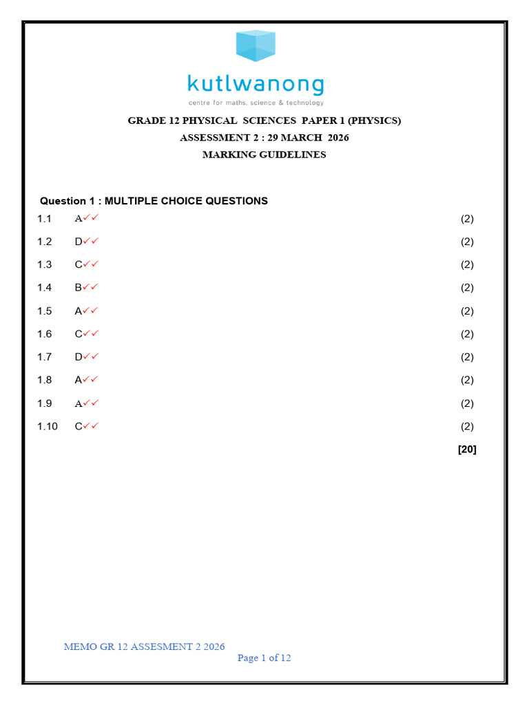 Promaths Grade 12 Physical Sciences Assessment 2 Memo (29 March 2026 ...