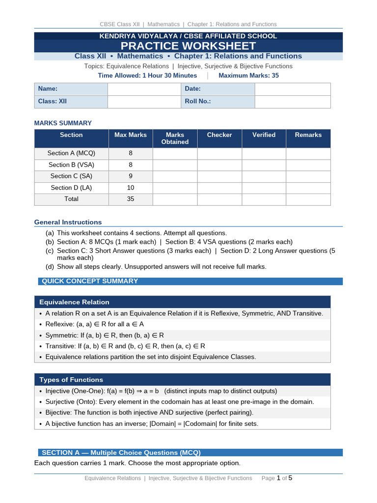CBSE XII Relations Functions Worksheet | PDF | Function (Mathematics ...