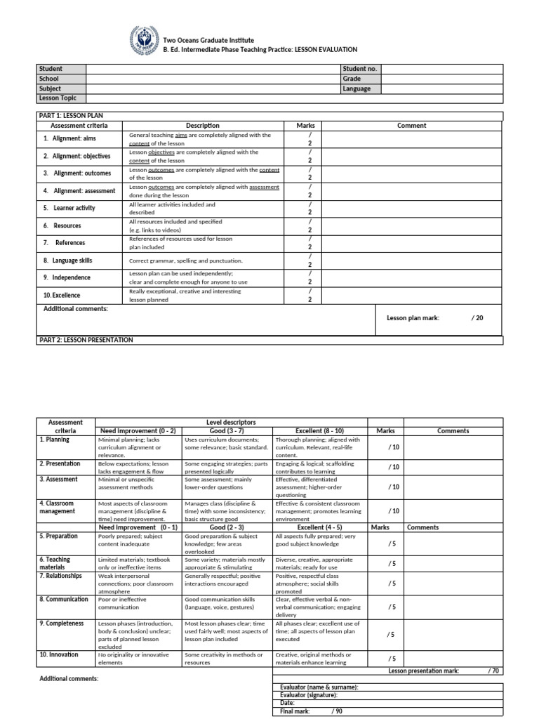 Formal Lesson Evaluation Form 2025_2 | PDF | Educational Assessment ...