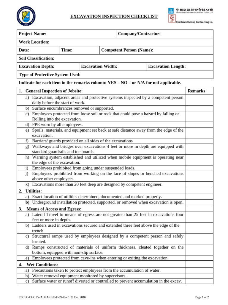 39. Excavation Inspection Checklist Rev.1 | PDF | Occupational Safety ...