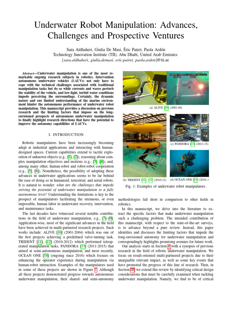 Underwater Robot Manipulation Advances Challenges | PDF | Robotics | Sonar