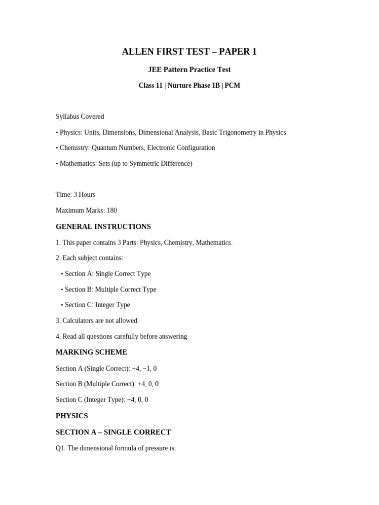 ALLEN First Test Paper 1 | PDF | Atomic Orbital | Atoms
