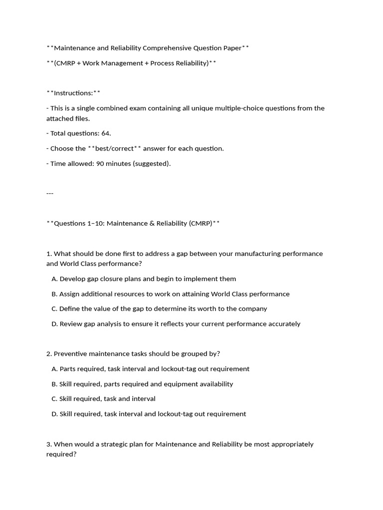 Maintenance and Reliability Comprehensive Question Paper | PDF | Six ...