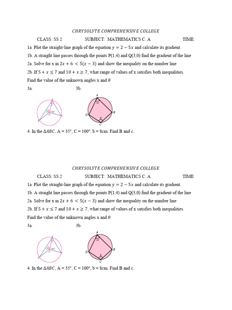 Maths Test Ss2 | PDF