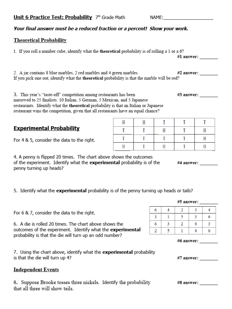 7th Grade Math Practice Test 2018-2019 | PDF | Probability