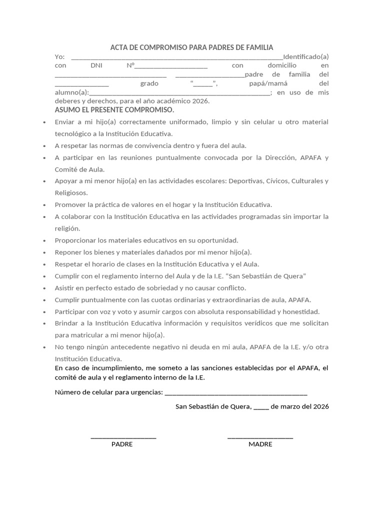Acta de Compromiso para Padres de Familia 2025 | PDF