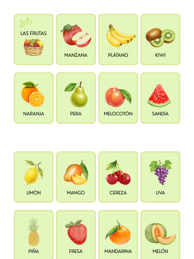 Tarjetas Educativas de Vocabulario de Frutas Ilustrativo Colorido | PDF