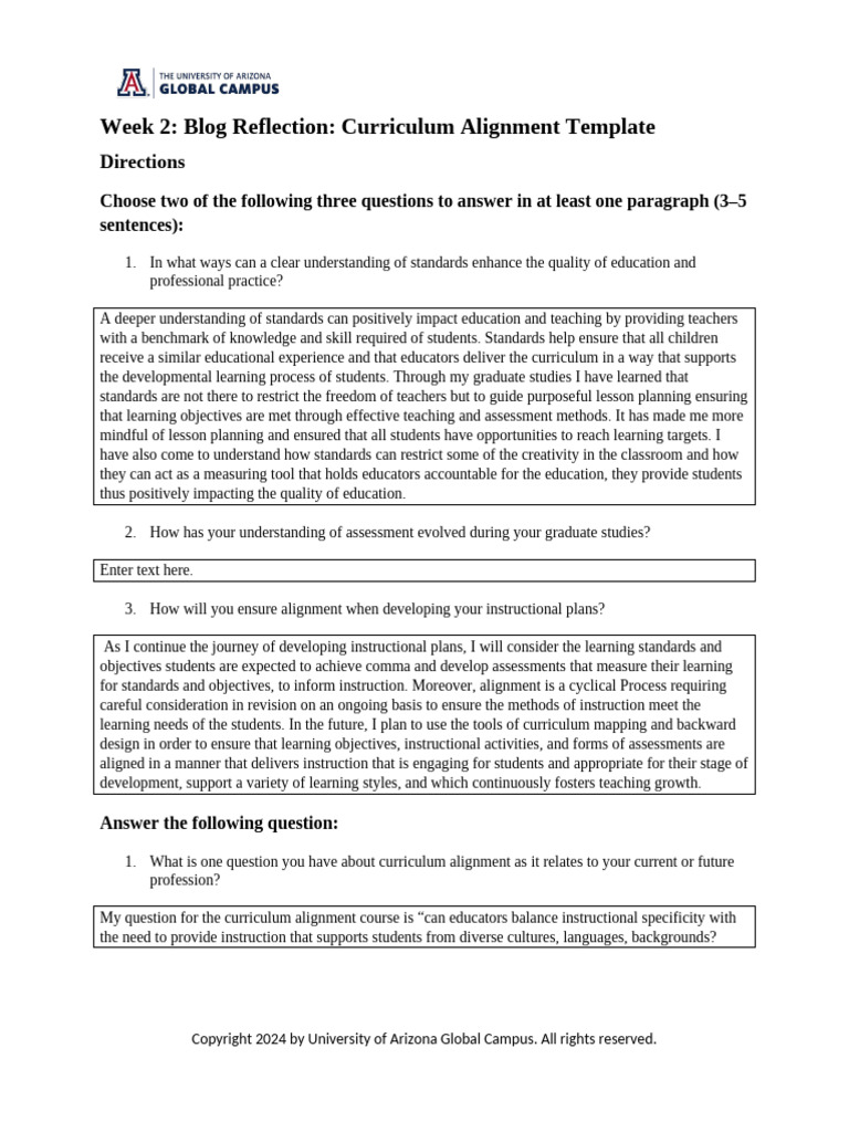 Week 2 Blog Reflection Curriculum Alignment Template | PDF | Teachers ...