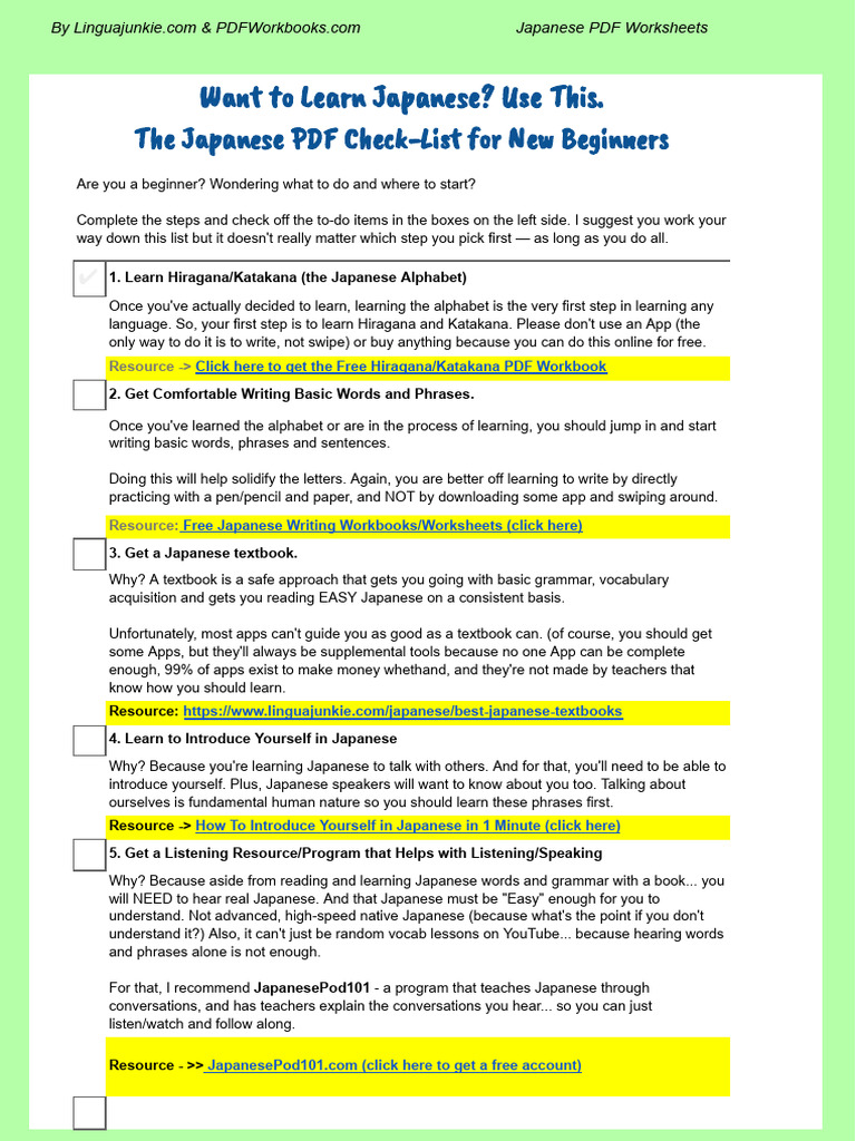 Japanese Beginner Worksheet Checklist | PDF
