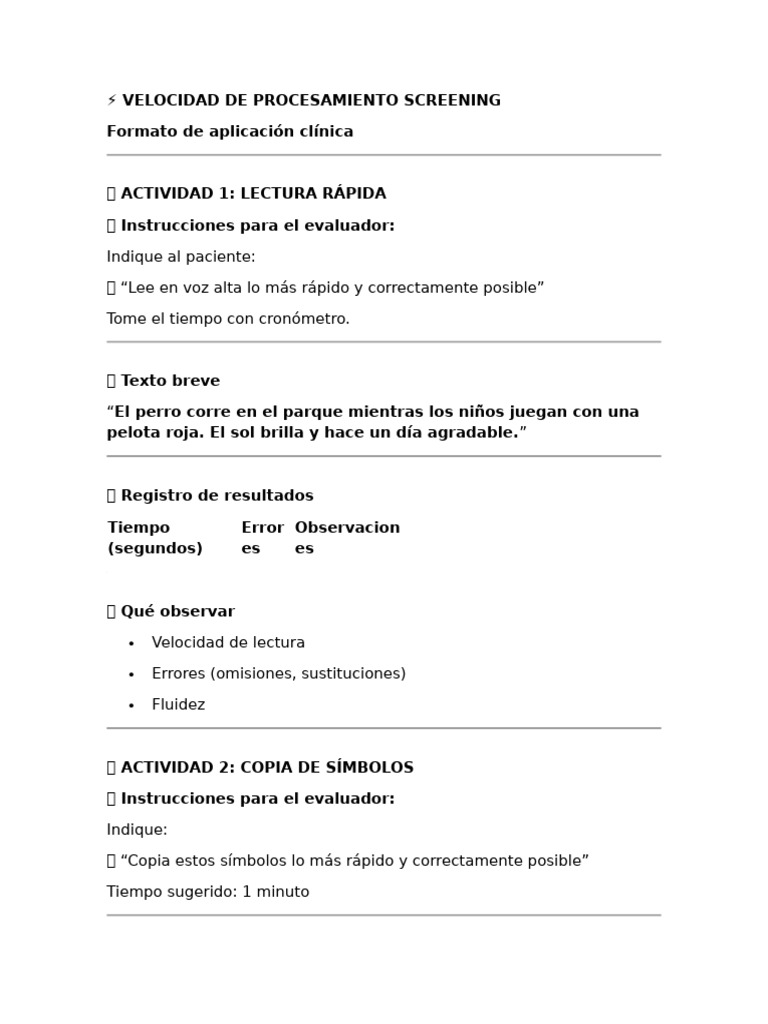 Velocidad de Procesamiento Screening | PDF