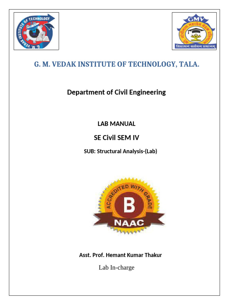 Structural Analysis-(Lab) SA Manual SE Civil Sem IV | PDF | Bending ...