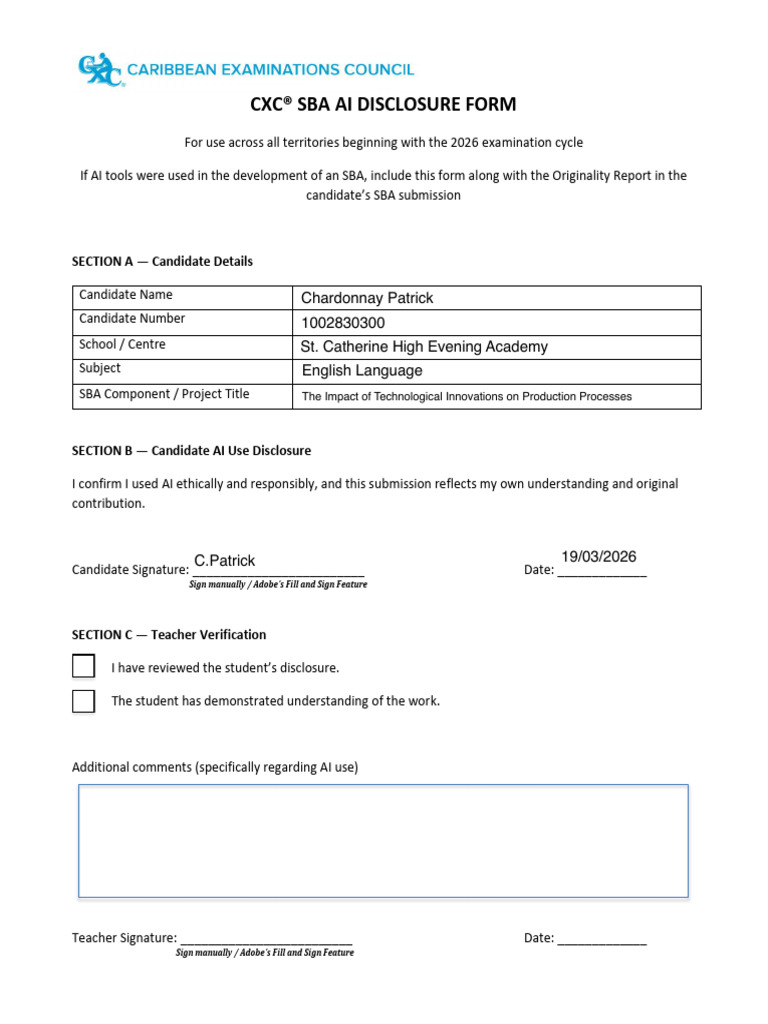 CXC SBA AI Disclosure Form-Final-fillable | PDF