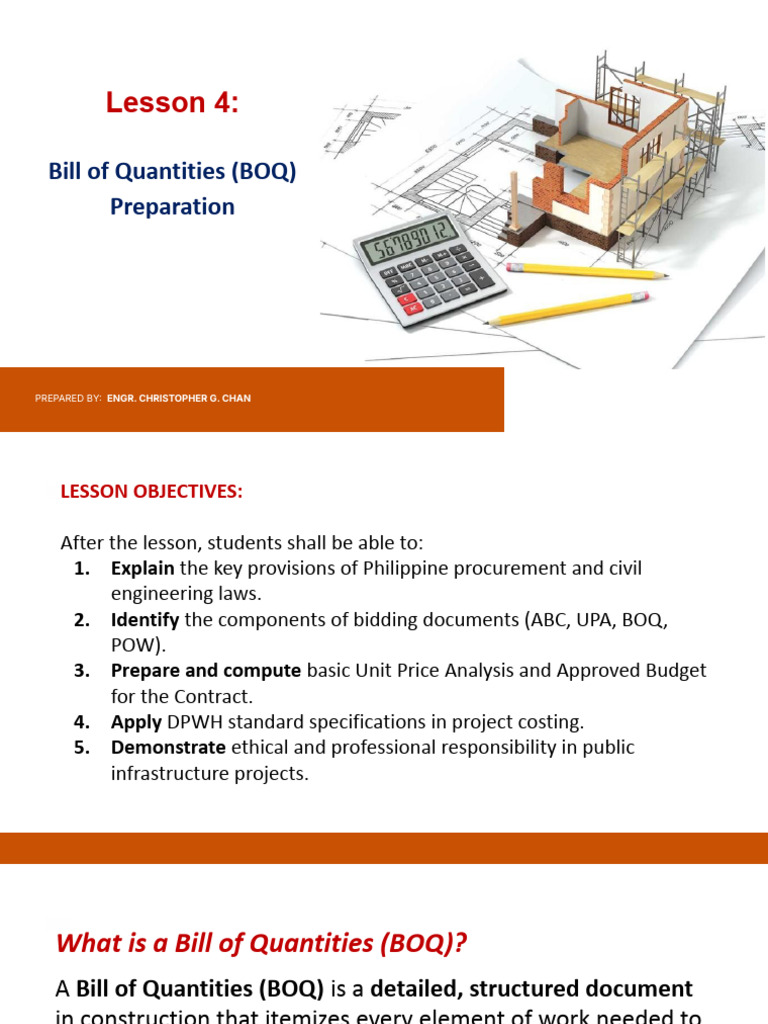 Lesson 4. Bill of Quantities (BOQ) Preparation.pptx | PDF | Concrete ...