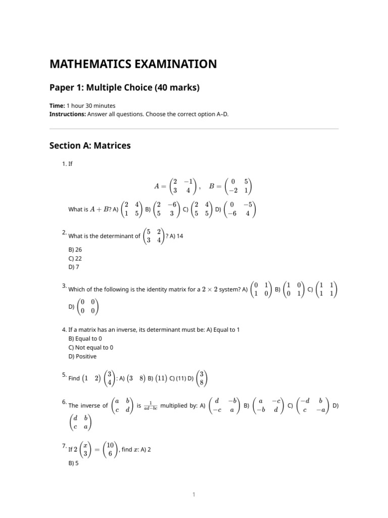 Mathematics Examination Paper (Matrices, Sequences, Vectors ...