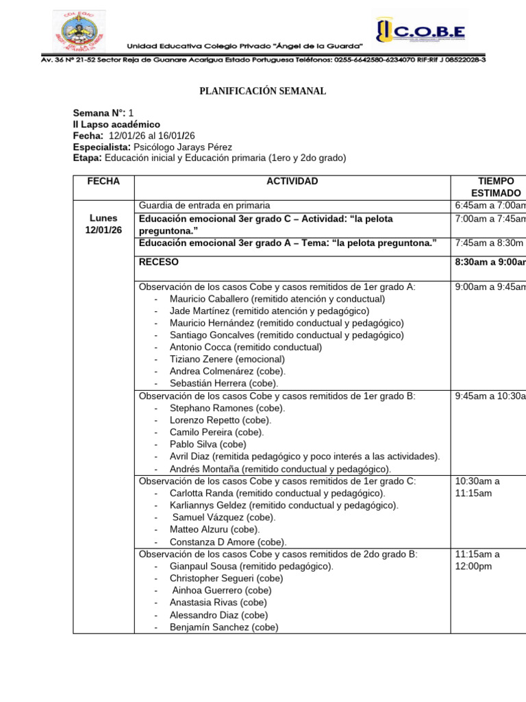 Planificación Semanal Ii Lapso 2026 | PDF