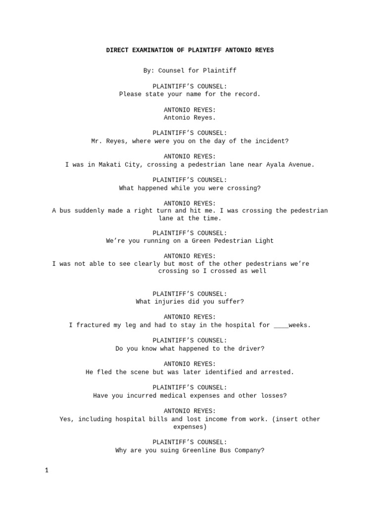 CASE 2 Antonio Reyes vs Greenline Bus Company Script V2 | PDF | Witness ...