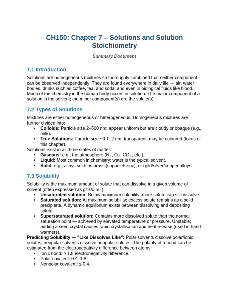 CH150 Chapter7 Solutions Summary | PDF | Solubility | Solvation