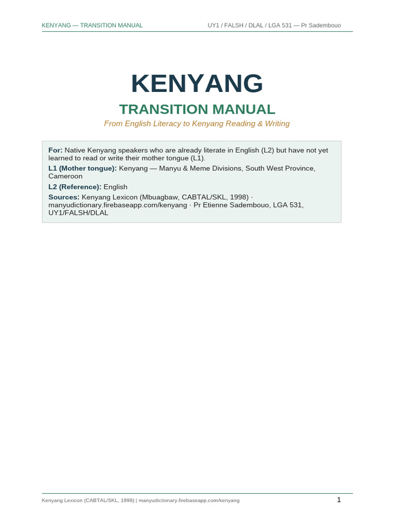Kenyang Transition Manual v2 | PDF | Tone (Linguistics) | English Language