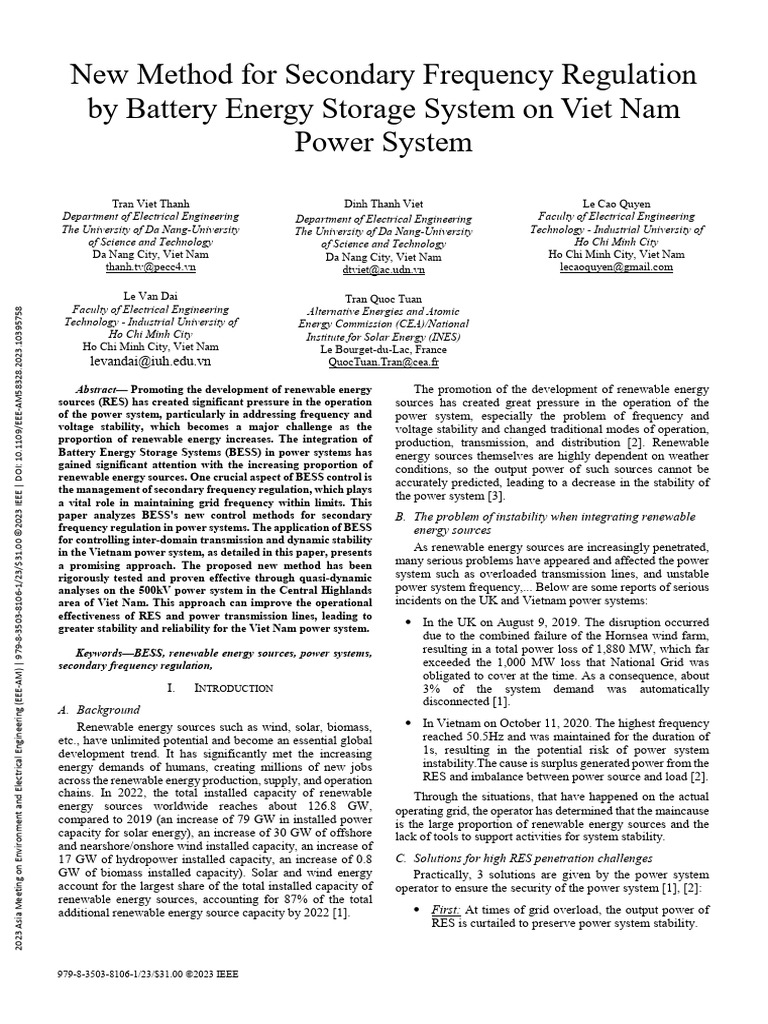 New Method for Secondary Frequency Regulation by Battery Energy Storage ...