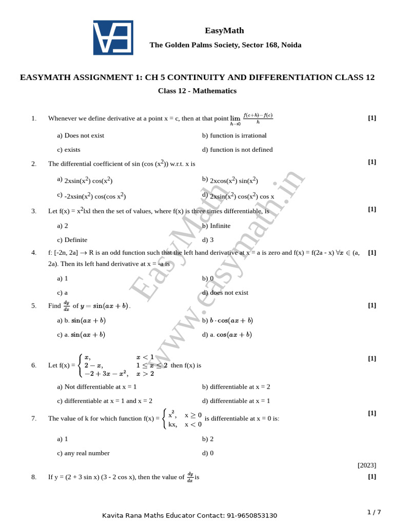 Easymath Assignment 1 Ch 5 Continuity and Differentiation Class 12 ...