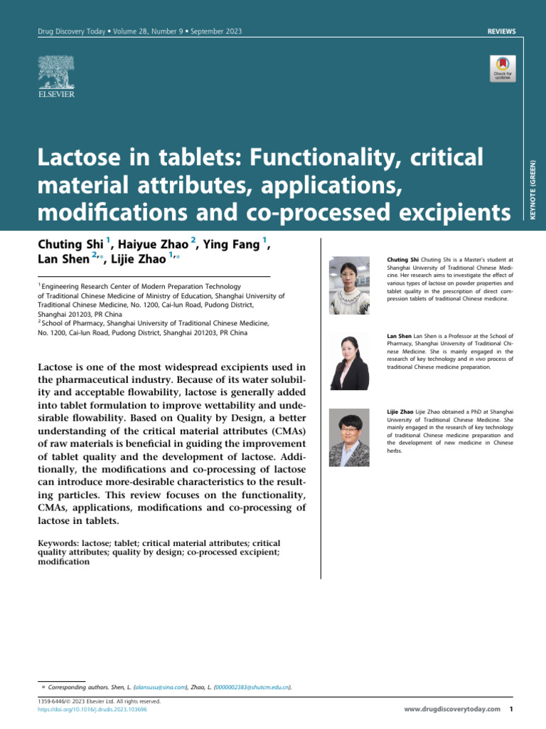Lactose in Tablets Functionality Critical Material Attributes ...