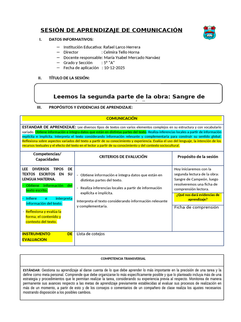 MIERCOLES 10 DE DICIEMBRE SESION DE PLAN LECTOR | PDF | Aprendizaje ...