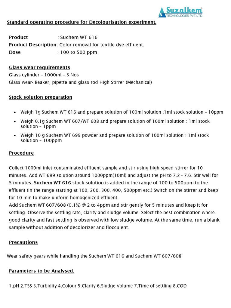 Standard Operating Procedure for Decolorizer | PDF