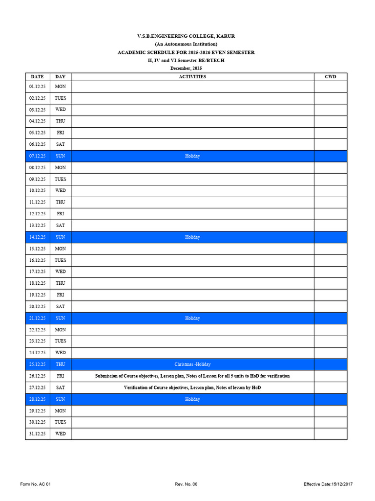 Academic Schedule for I II and III Year 30.12.2025 | PDF