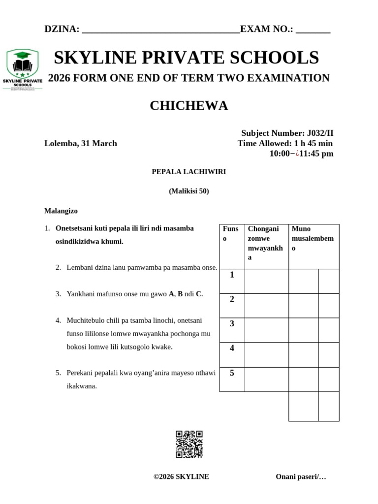 Form 1 Chichewa Paper II | PDF | Public Health | Sexually Transmitted ...