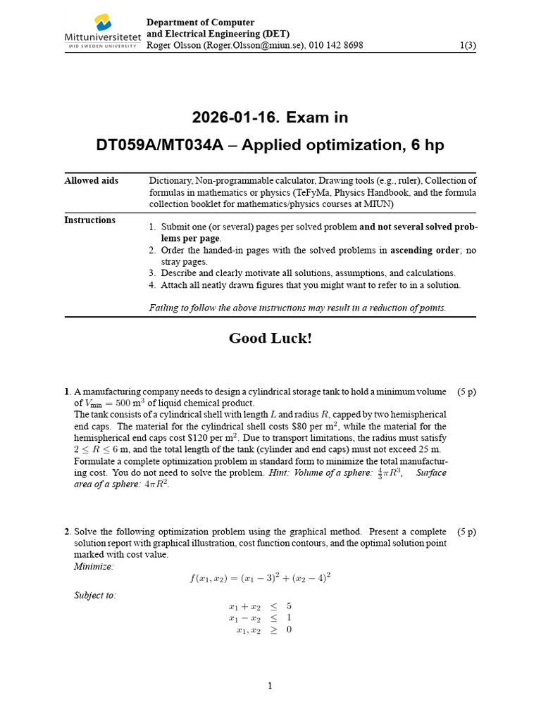 260116 MT034A, DT059A Applied Optimization | PDF | Mathematical ...