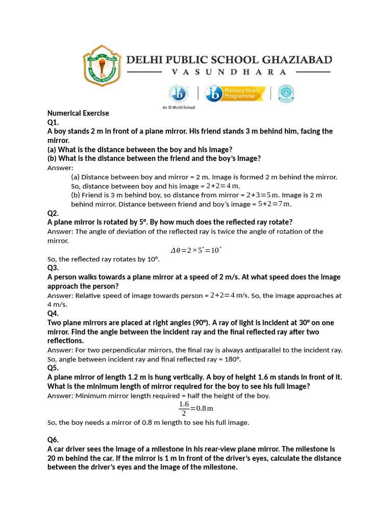 Numerical Exercise - Grade 10 - Reflection of Light by Plane Mirrors ...