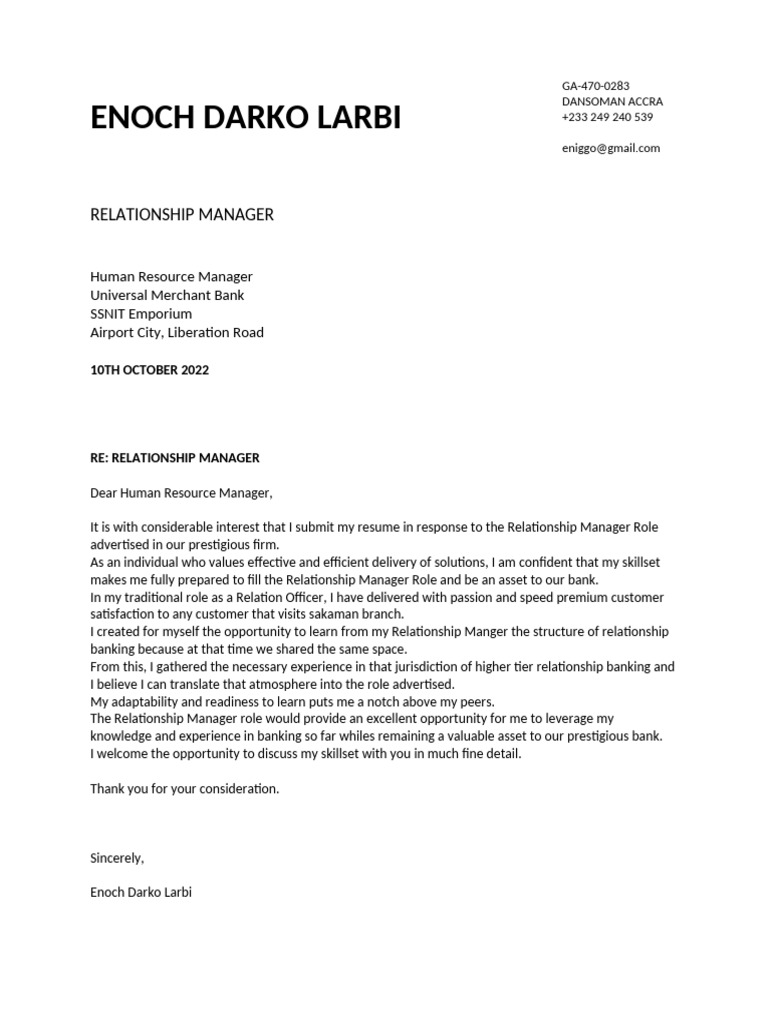 Cover Letter Relationship Manager | PDF