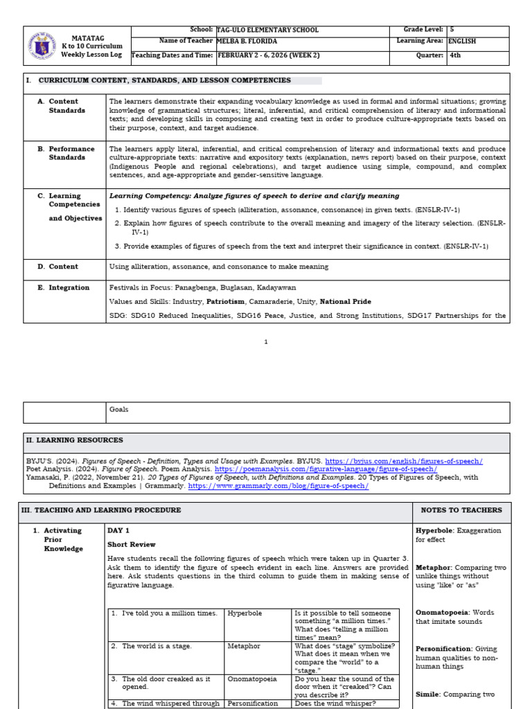 Grade 5 Dll Matatag _english 5 q4 Week 2 | PDF | Poetry | Linguistics