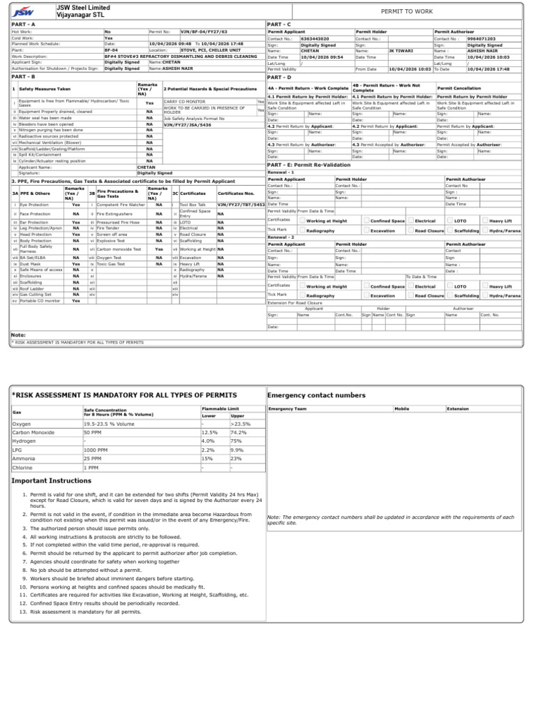 Permit to Work 10TH APRIL | PDF | Safety | Occupational Safety And Health