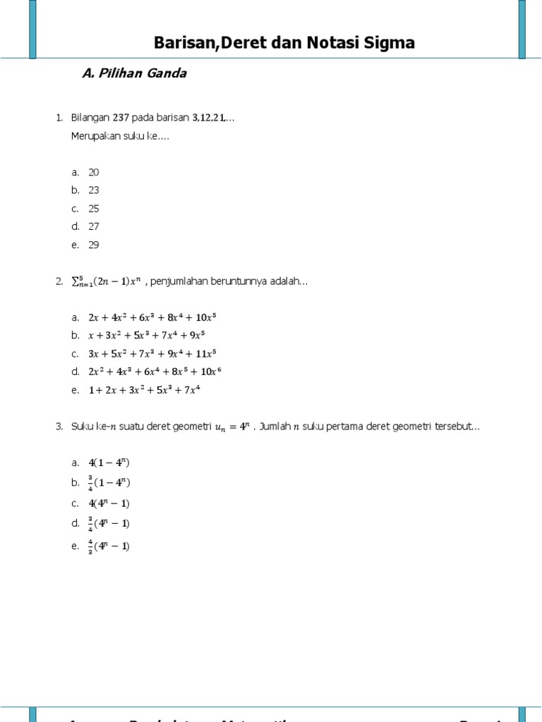 Soal Pilihan Ganda Induksi Matematika Kelas 11 Doc Dunia