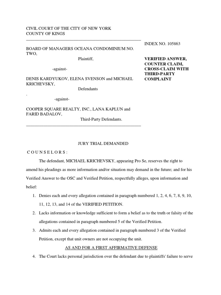 Verified answer counter claim cross claim with third party complaint