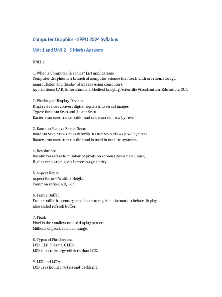 Computer_Graphics_SPPU_Unit1_Unit2_5Marks | PDF | Pixel | Display ...