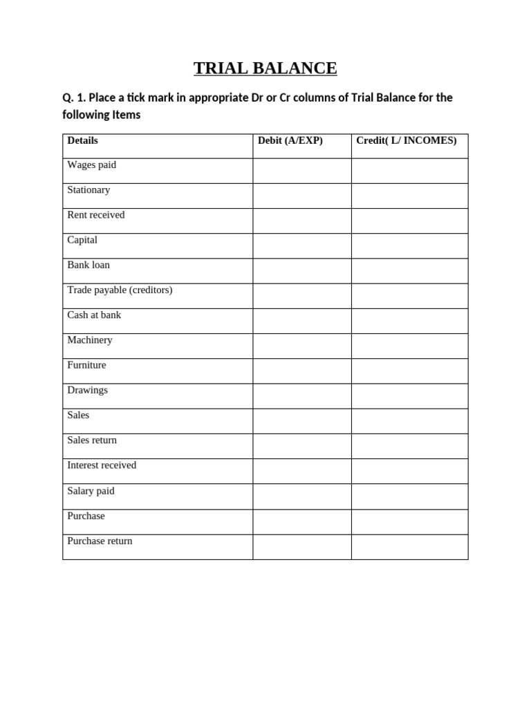 Trial Balance Class Work 1 | PDF