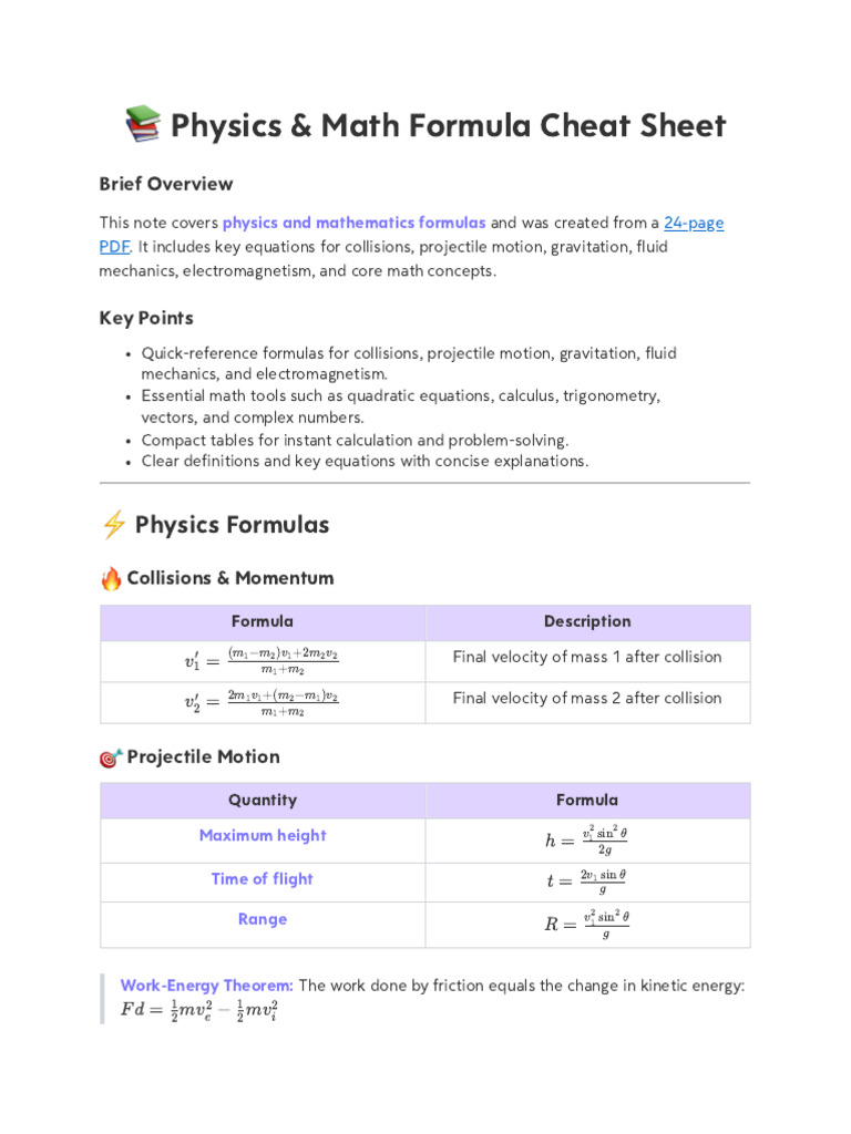 Phy+Math Formulas For Entry Test | PDF | Inductance | Velocity