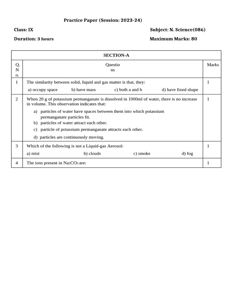 Class 9 Science Paper 2023-24 Set 1 | PDF | Chlorine | Atoms