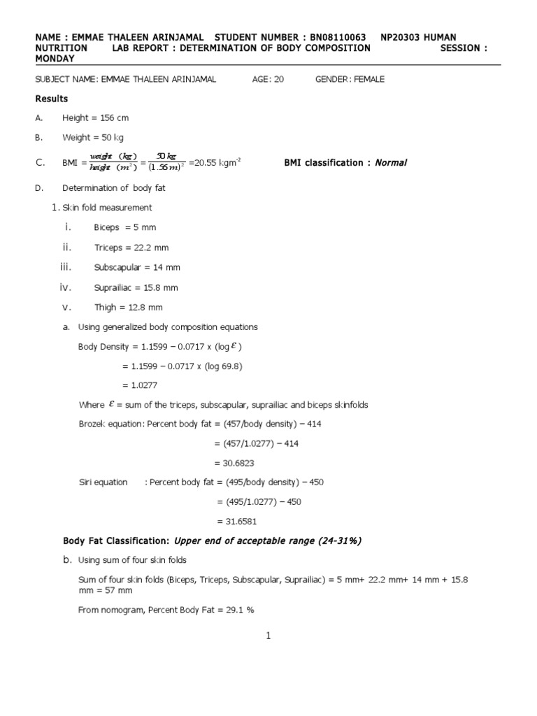 Body Composition Lab Report Complete Body Mass Index Obesity