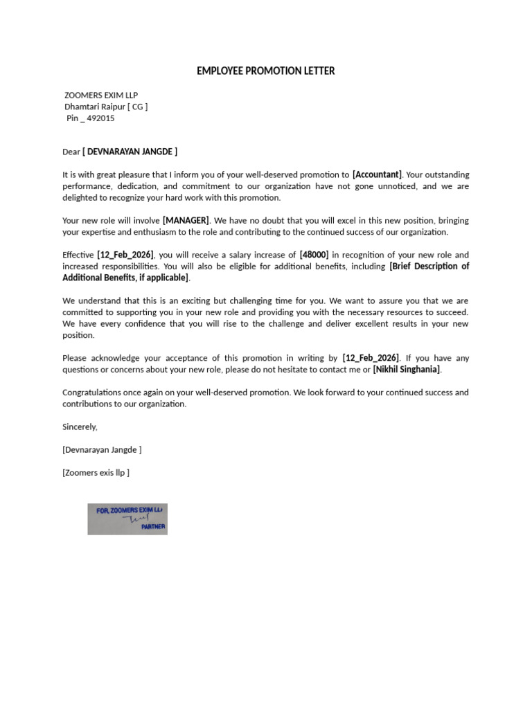 Promotion Letter by Razorpayx Payroll | PDF
