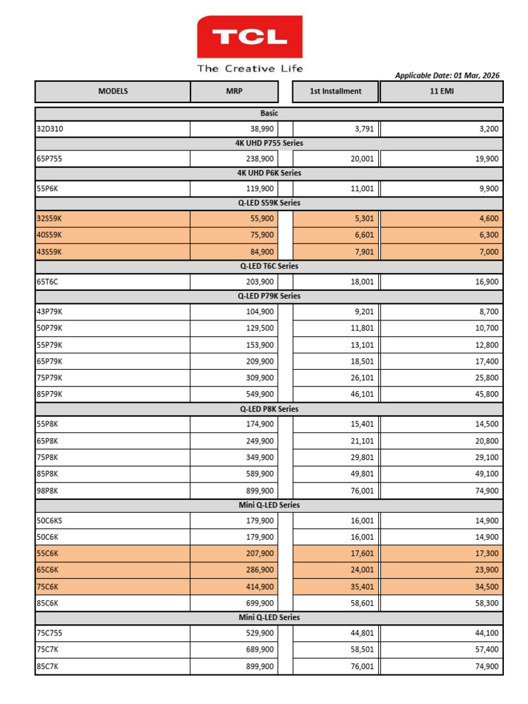 TCL LED Installment Rates 01-03-2026 | PDF | Film And Video Technology ...