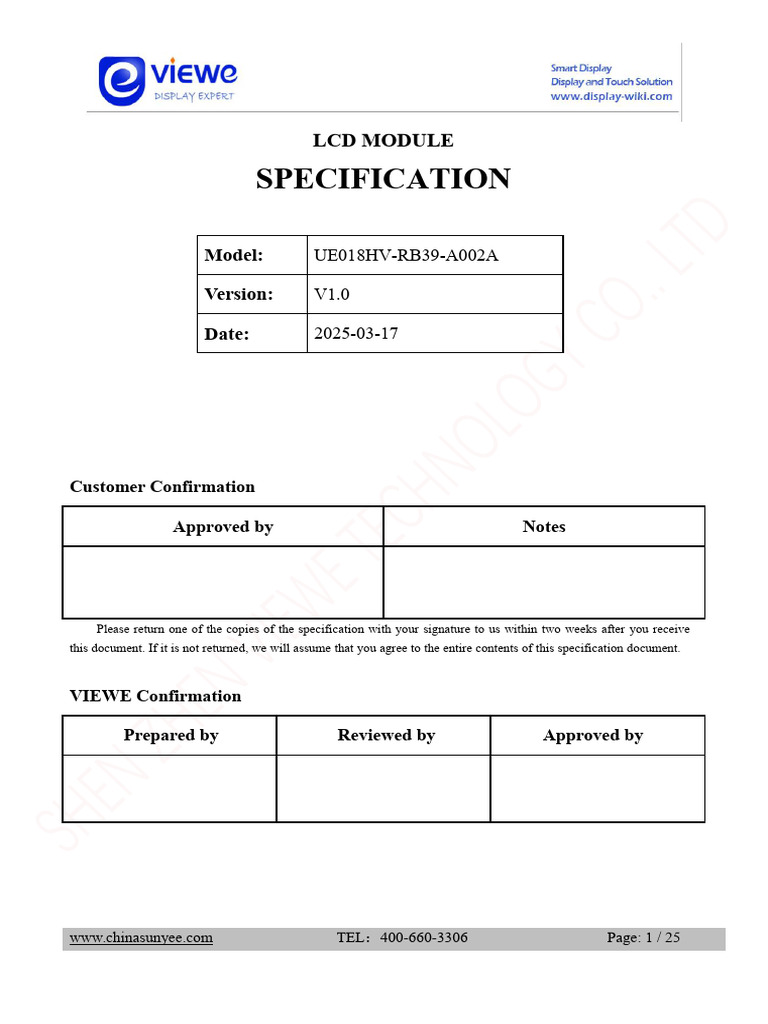 UE018HV-RB39-A002A V1.0 SPEC | PDF | Electronic Engineering | Display ...