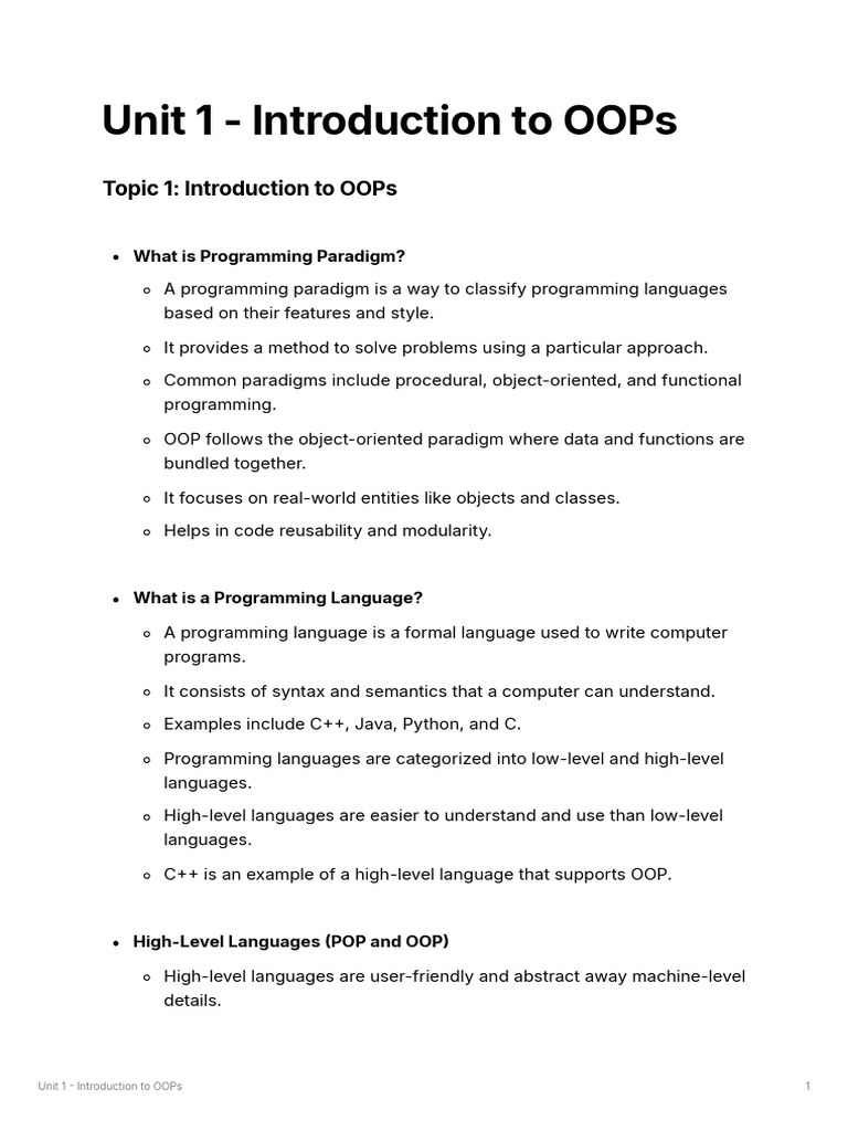 Unit 1 - Introduction To OOP's | PDF | Object Oriented Programming ...