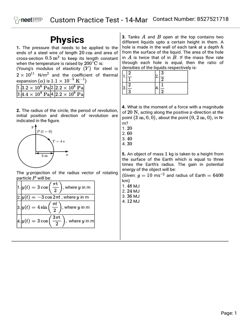 Custom Practice Test 14 Mar | PDF | Gases | Force