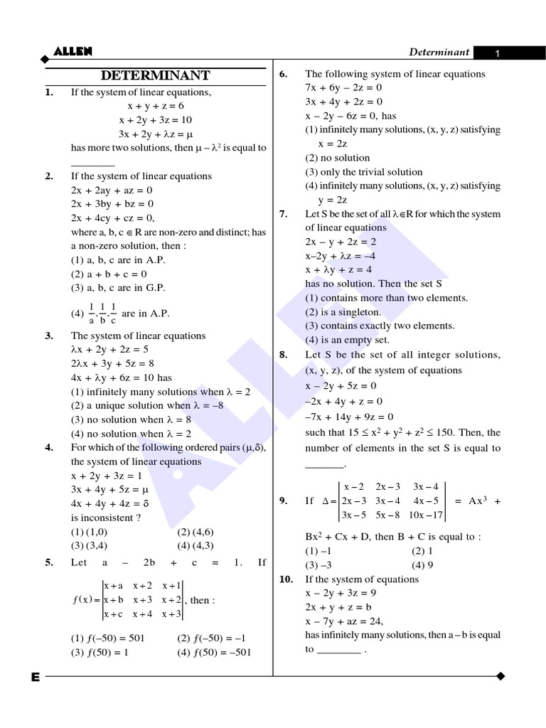 Determinant Jee Main2020 | PDF | Equations | System Of Linear Equations