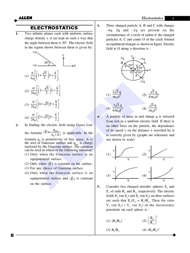 Electrostatics - Allen QP | PDF | Electric Field | Sphere