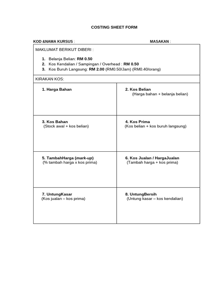 Costing Sheet Form | PDF