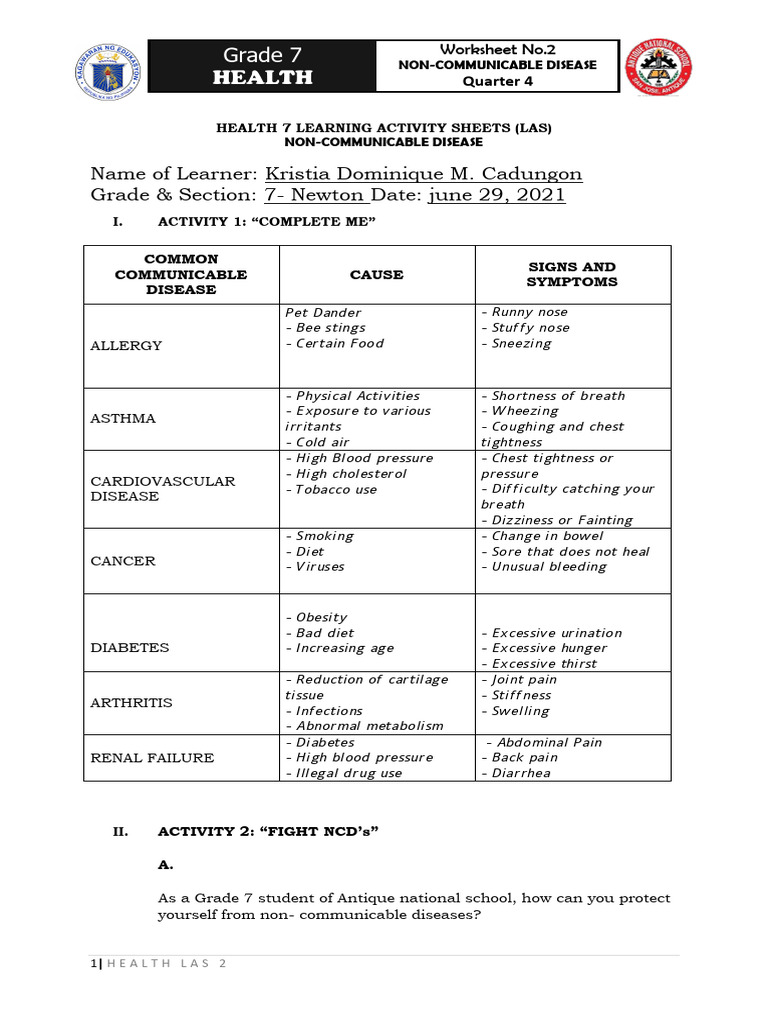 Health Las 2_non Communicable Disease Cadungon, Kristia | PDF | Non ...